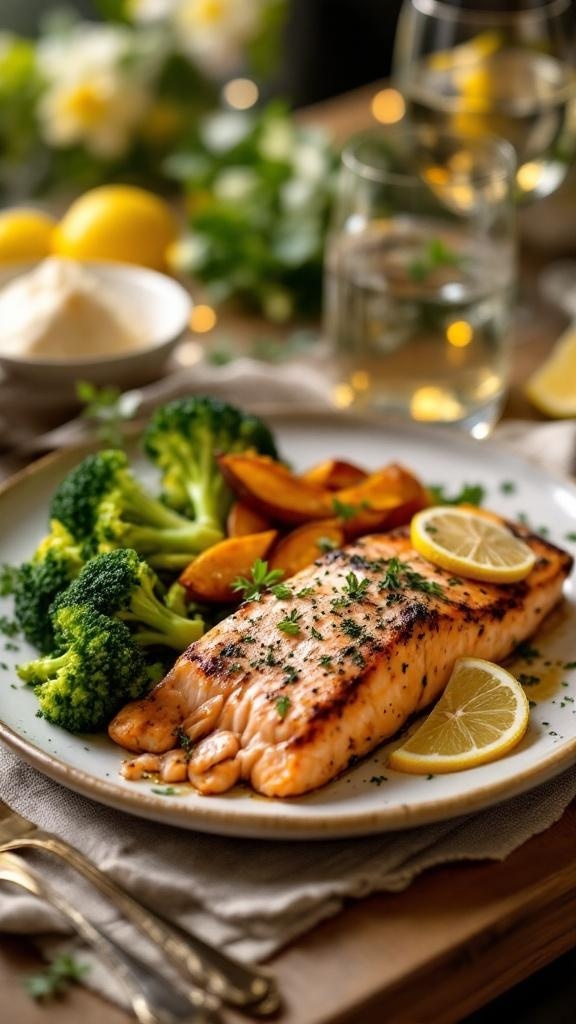 A delicious dinner plate featuring grilled salmon, broccoli, and sweet potatoes with lemon slices.