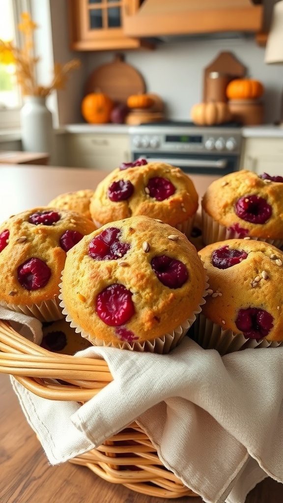 A basket of hearty flaxseed and berry muffins, showcasing their golden tops and vibrant berry pieces.