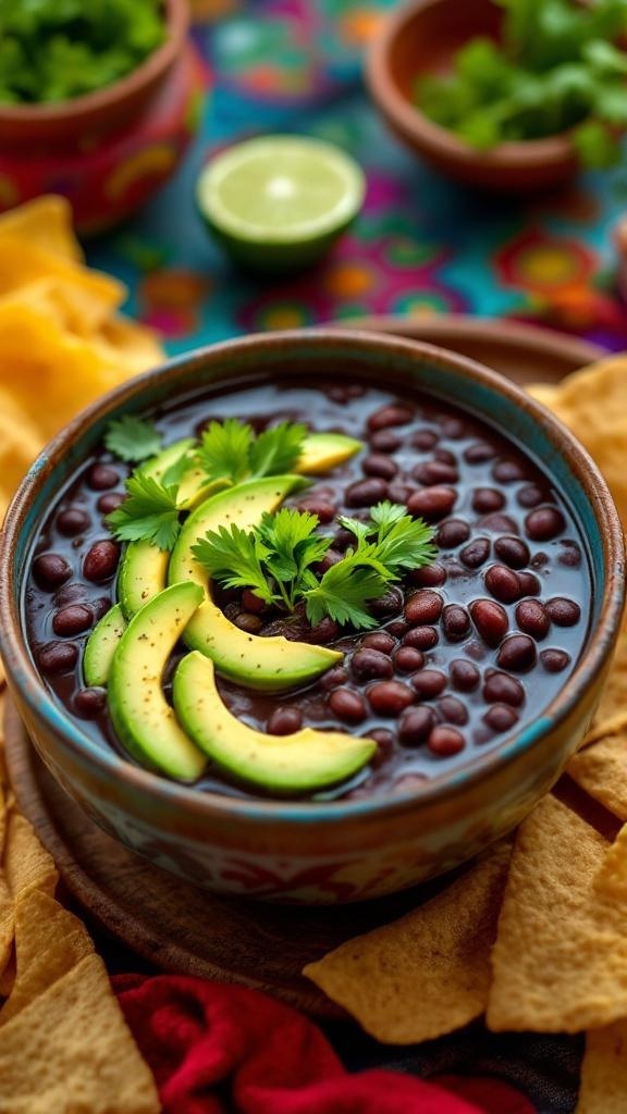 A bowl of black bean soup topped with avocado slices and cilantro, surrounded by tortilla chips.