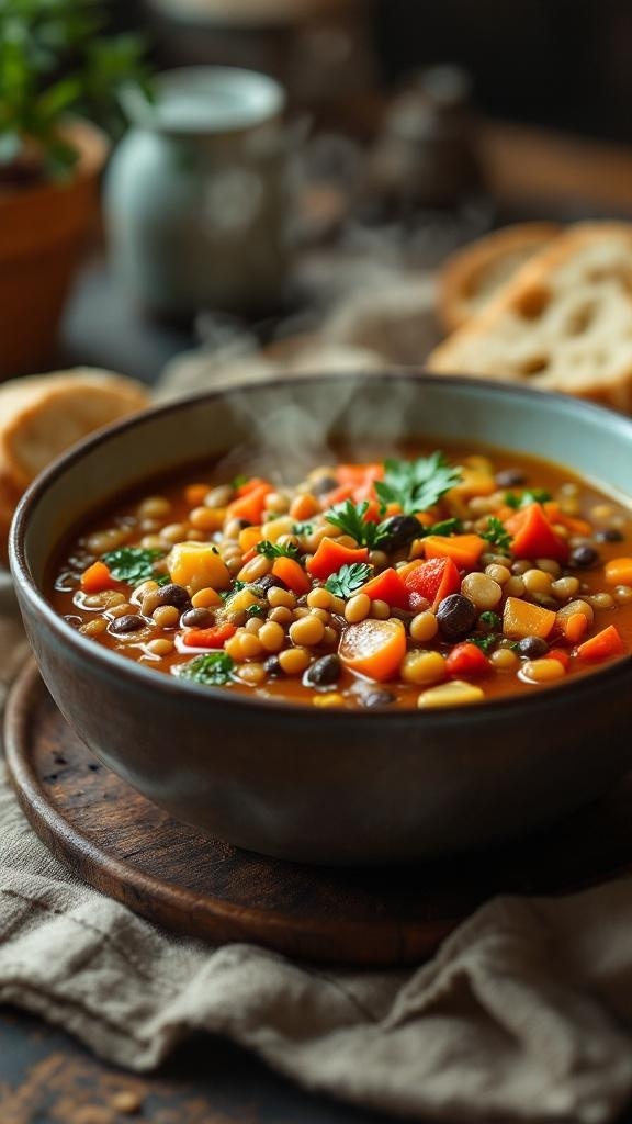A bowl of hearty lentil and vegetable soup with colorful vegetables and lentils.