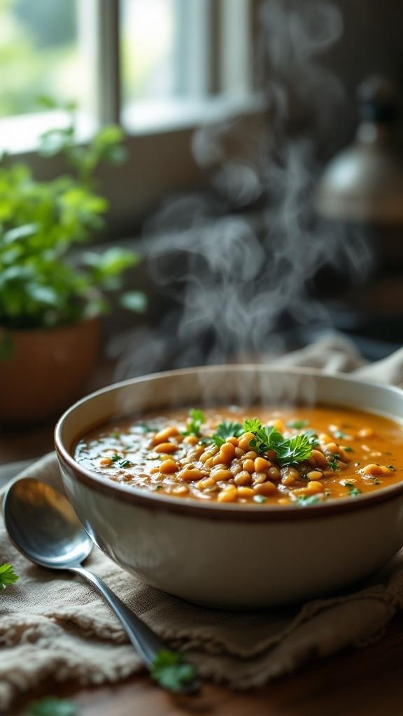 A steaming bowl of hearty lentil soup topped with fresh herbs, sitting on a wooden table next to a spoon.