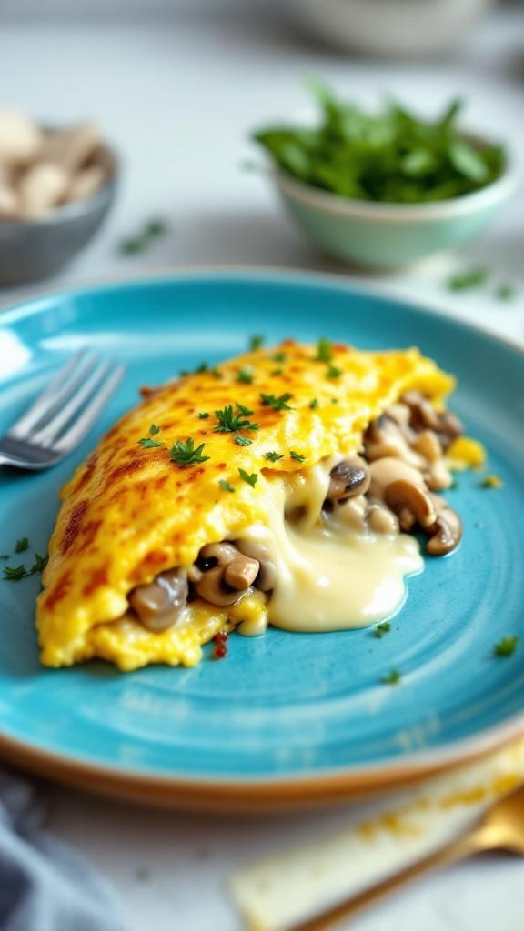 A delicious mushroom and cheese omelet on a blue plate, garnished with parsley.