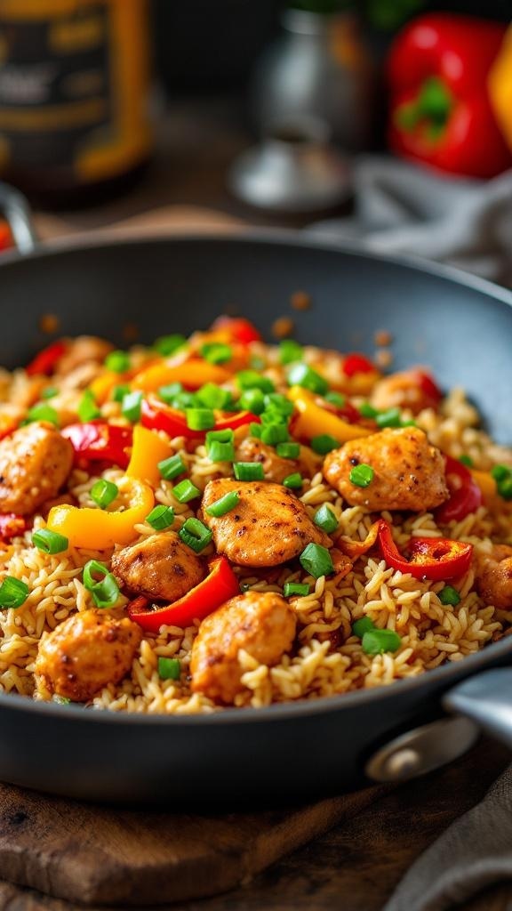 A colorful one-pan Cajun chicken and rice dish with bell peppers and green onions.