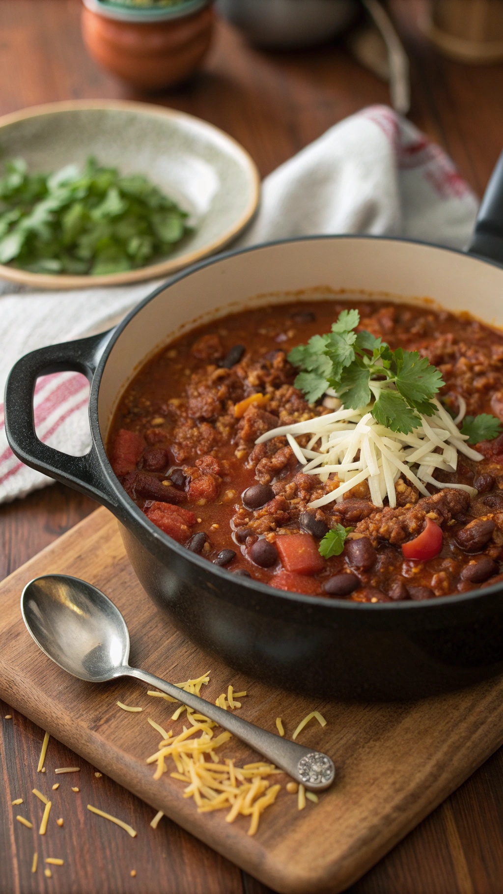 A pot of hearty chili with ground meat, beans, and topped with cilantro and cheese.