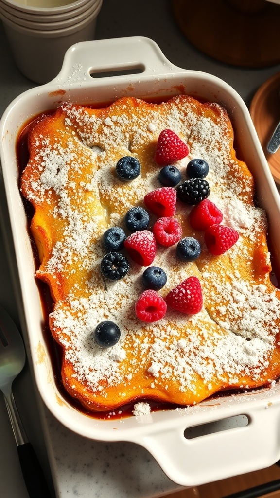 A delicious overnight French toast casserole topped with fresh berries and powdered sugar.