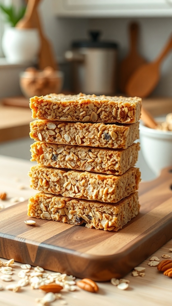 A stack of hearty peanut butter granola bars on a wooden board, surrounded by oats and nuts.