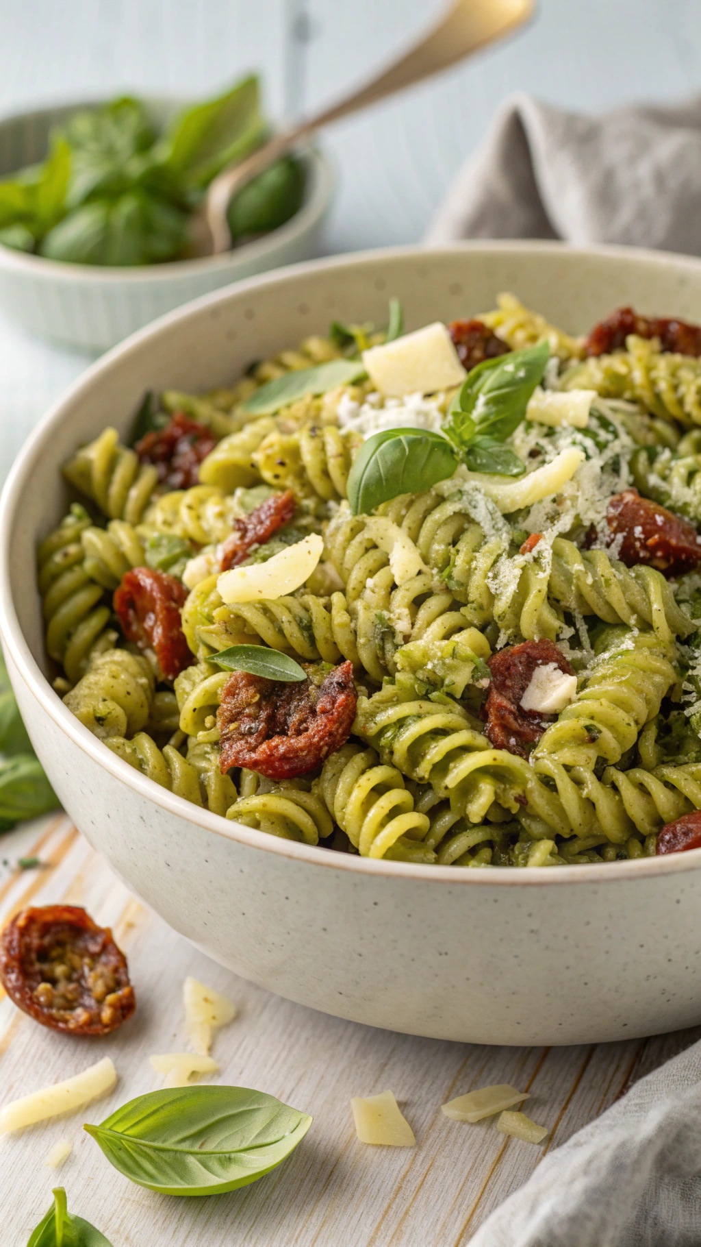 A bowl of hearty pesto pasta salad with sun-dried tomatoes, garnished with basil and Parmesan.