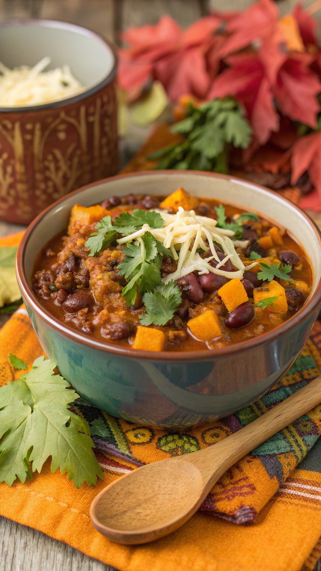A bowl of hearty pumpkin chili topped with cilantro and cheese, surrounded by autumn leaves and a wooden spoon.