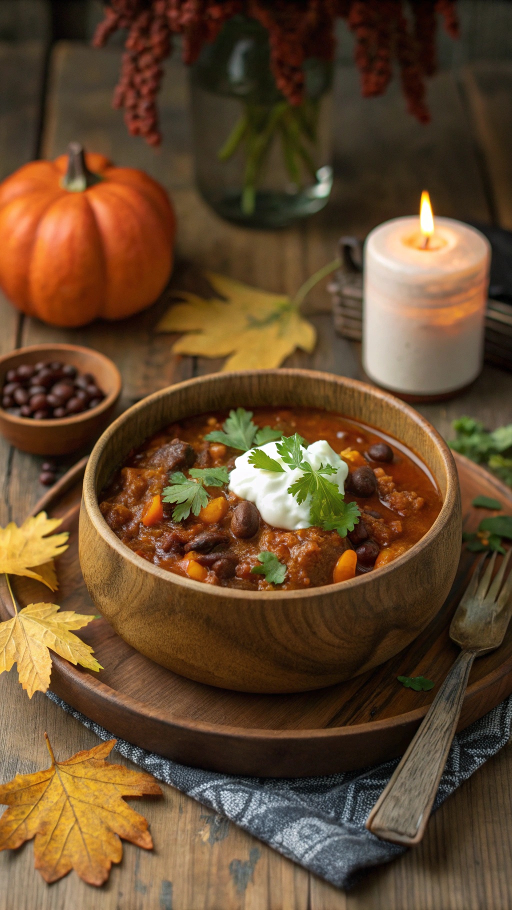 A bowl of hearty pumpkin chili topped with sour cream and cilantro, surrounded by autumn leaves and a candle.