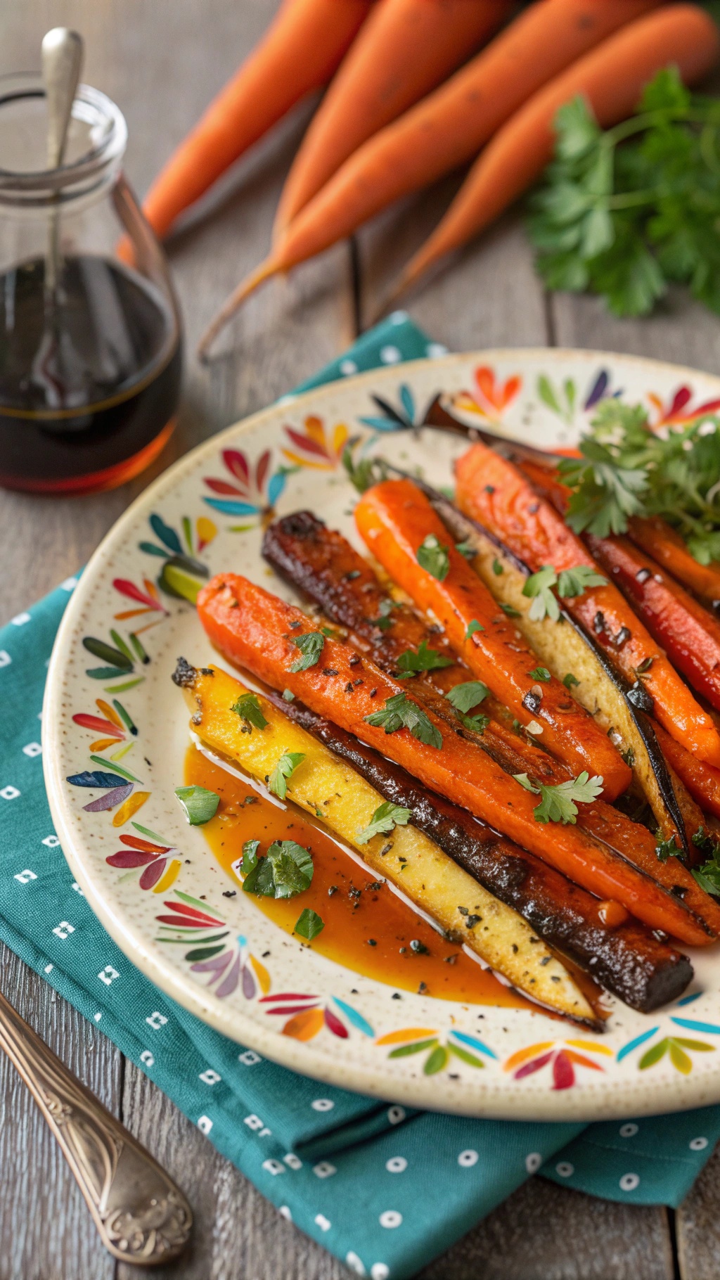 A plate of hearty roasted carrots with honey glaze, garnished with fresh parsley.
