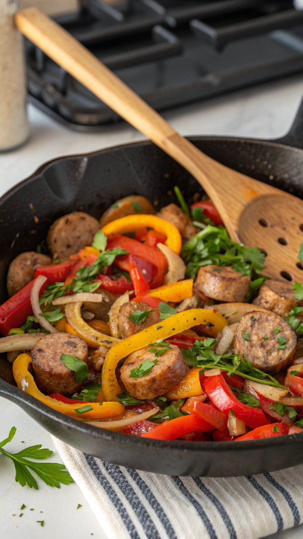 A hearty breakfast skillet with sausage and colorful veggies.