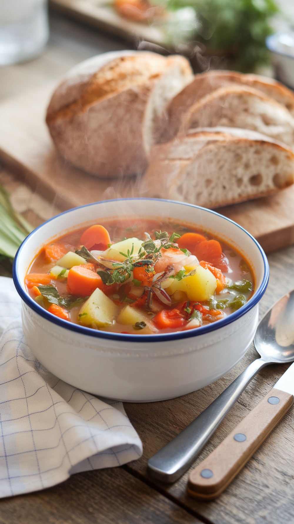 A steaming bowl of vegetable soup with slices of bread on the side.