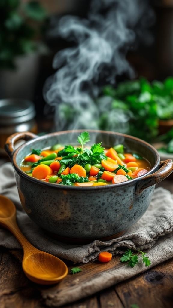 A steaming bowl of vegetable soup with carrots, greens, and herbs.