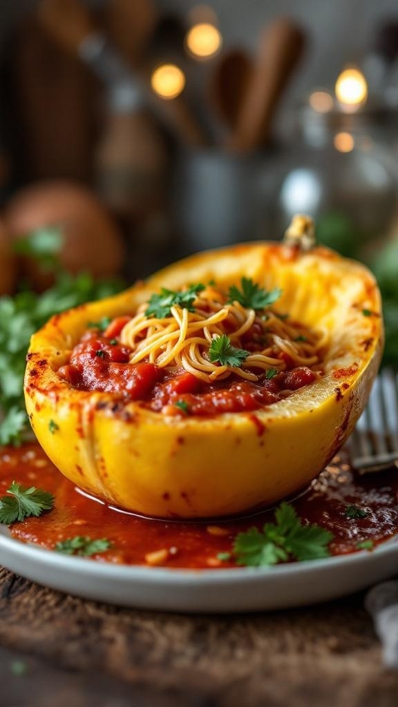 A roasted spaghetti squash filled with marinara sauce and garnished with fresh herbs.