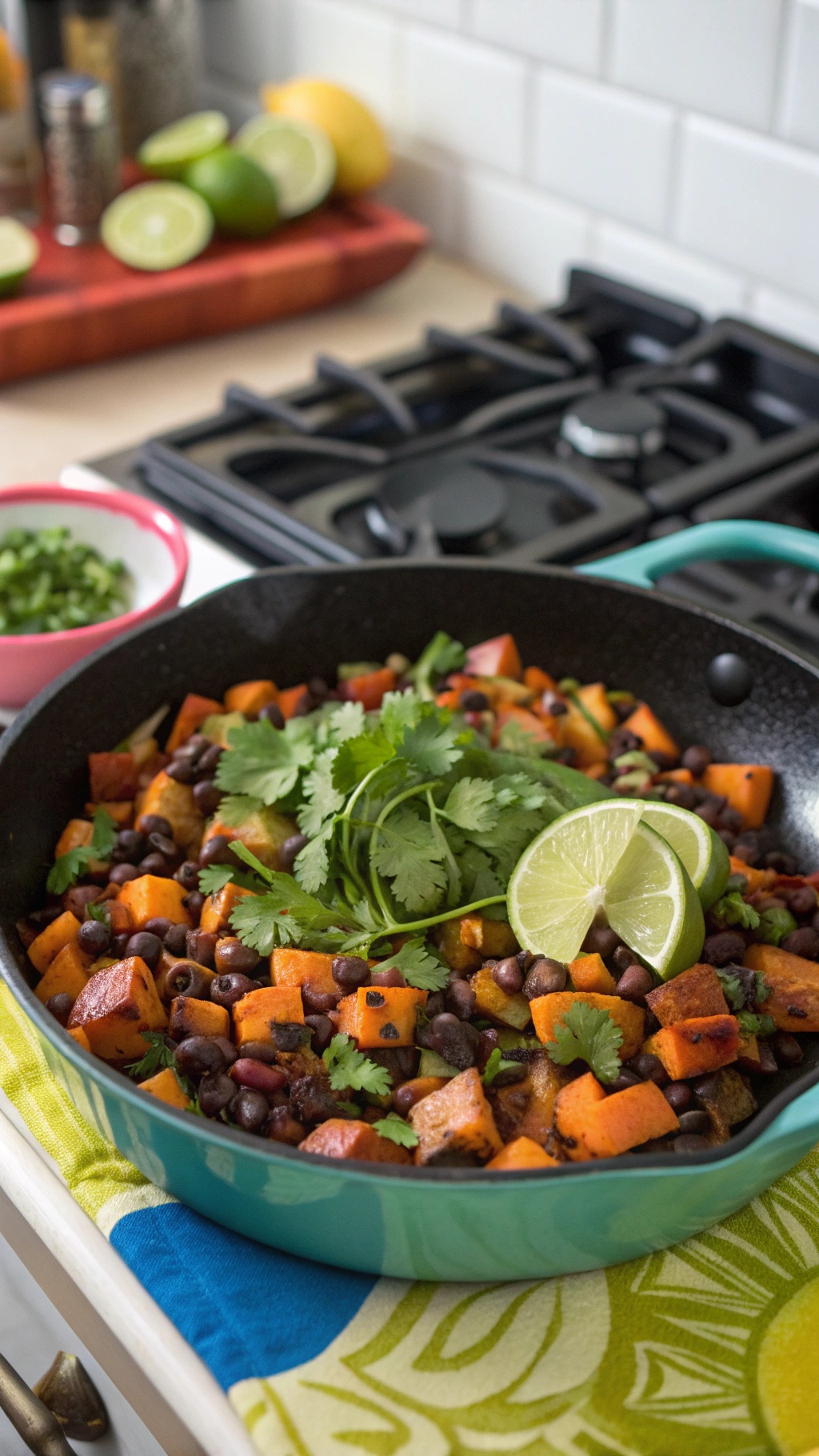 A colorful sweet potato and black bean hash in a skillet, garnished with cilantro and lime.