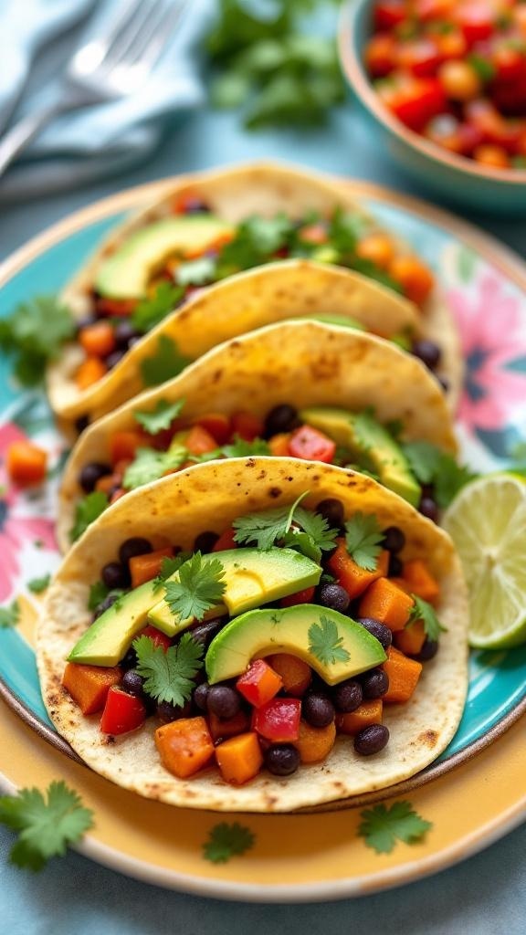 Hearty sweet potato and black bean tacos topped with avocado and cilantro on a colorful plate.
