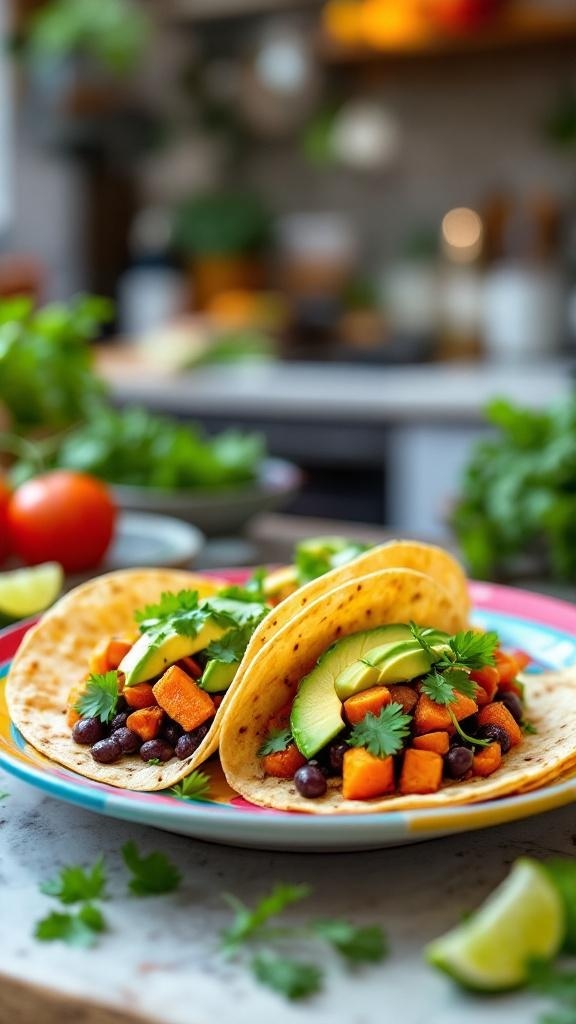 Hearty Sweet Potato and Black Bean Tacos on a colorful plate