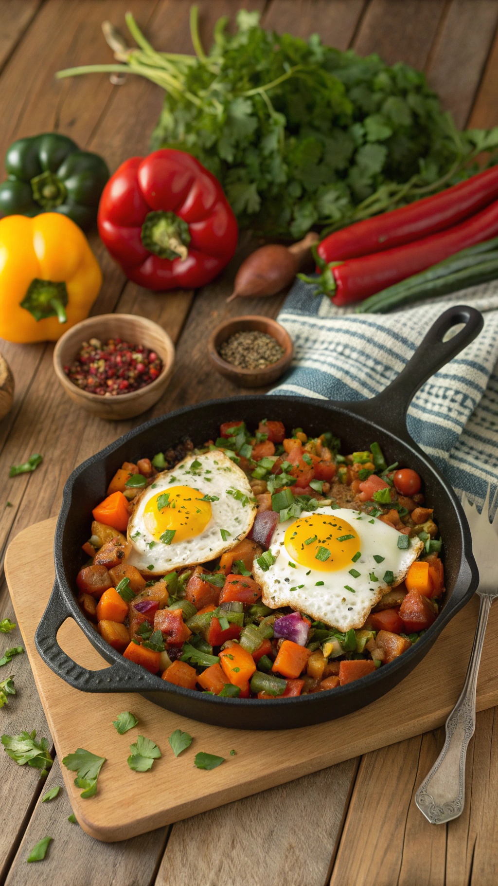 A delicious sweet potato hash with eggs in a cast iron skillet, surrounded by fresh vegetables.