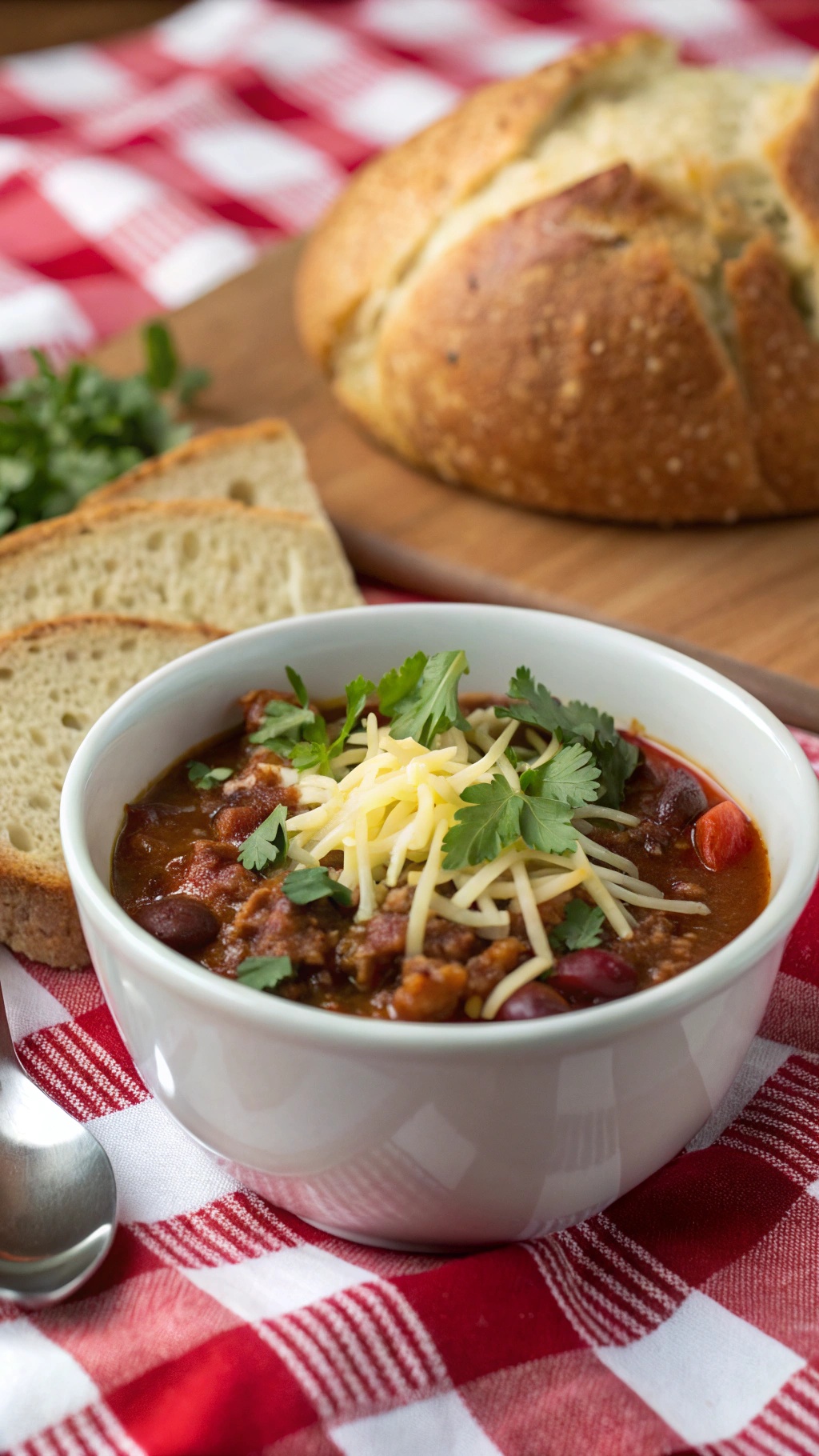 A bowl of hearty turkey chili topped with cheese and cilantro, served with slices of bread on a red and white checkered tablecloth.