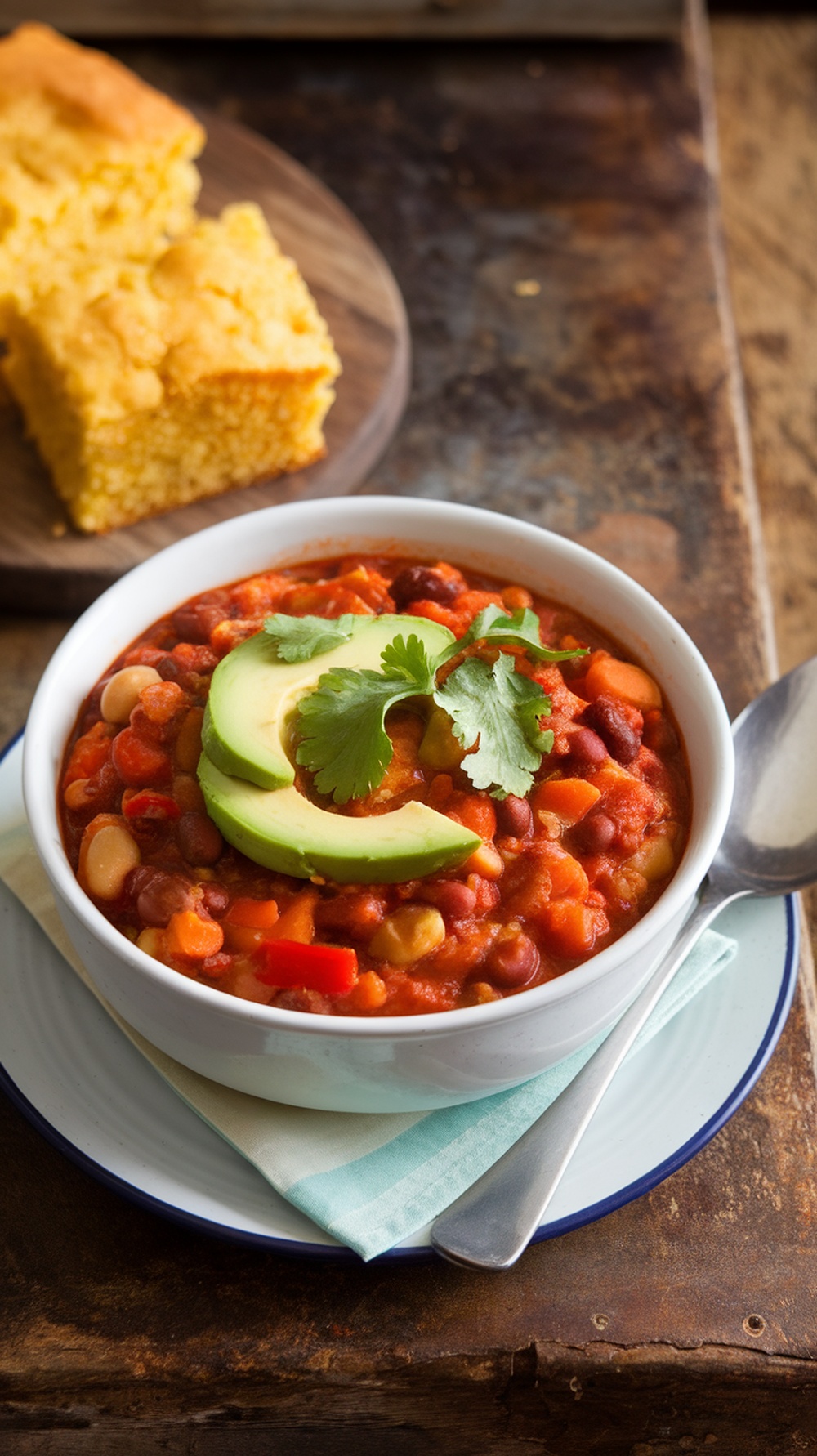 A bowl of hearty vegetable and bean chili topped with avocado slices and cilantro, served with cornbread.