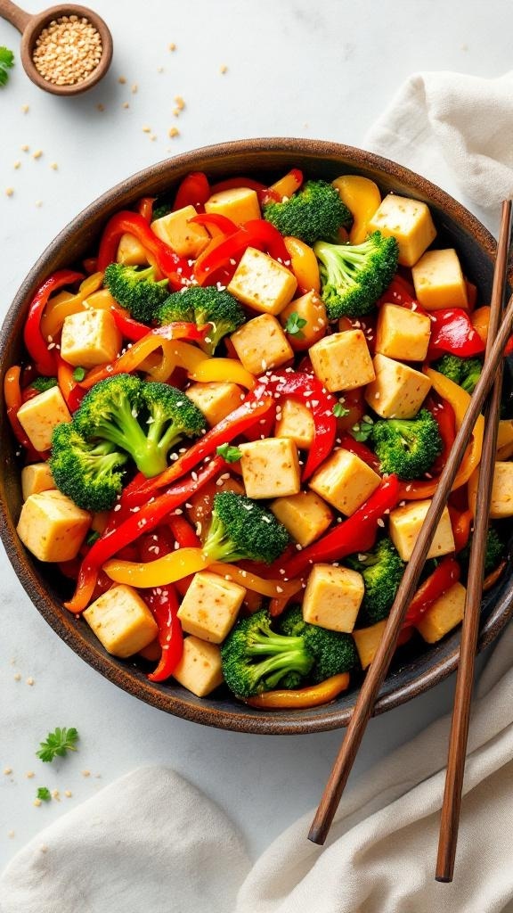 A colorful bowl of vegetable and tofu stir-fry with broccoli, bell peppers, and sesame seeds.