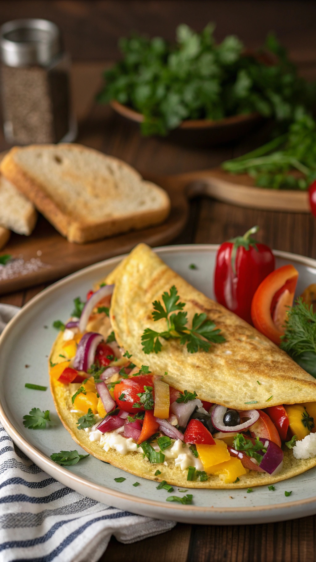 A delicious vegetable omelette filled with colorful peppers, onions, and spinach on a plate.
