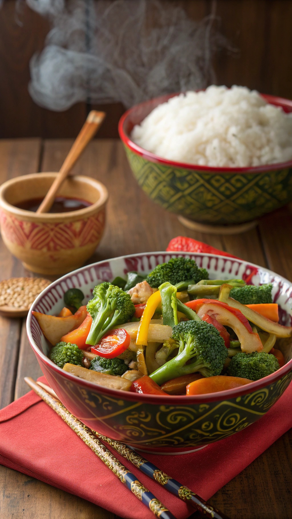 A colorful vegetable stir-fry with broccoli, bell peppers, and other vegetables served with rice.