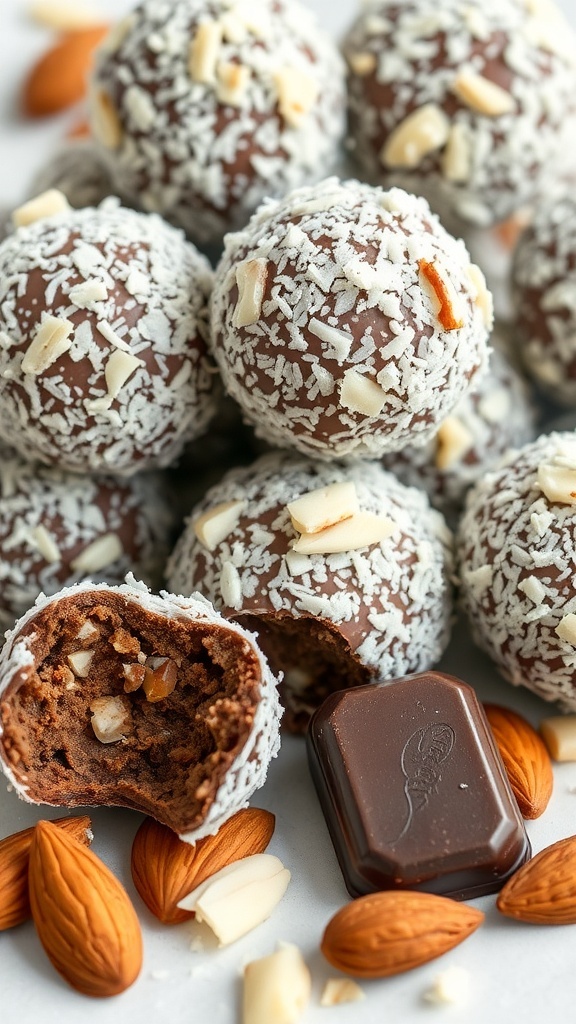 A close-up of almond joy energy balls coated in shredded coconut, with almonds and chocolate pieces around them.
