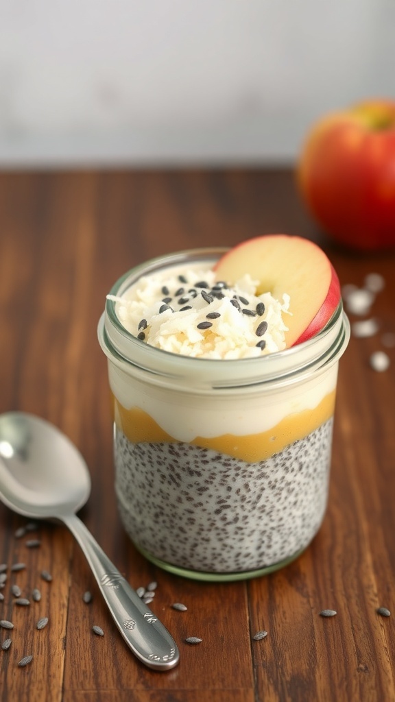 A jar of apple coconut chia pudding topped with apple slices and coconut flakes.