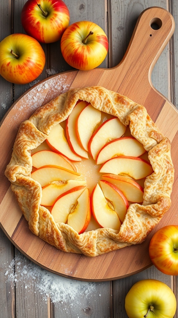 A rustic apple galette with sliced apples arranged beautifully, surrounded by fresh apples on a wooden board.