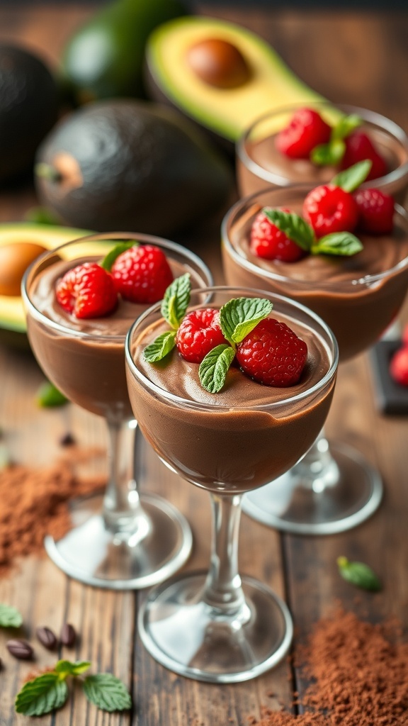Three glasses of avocado chocolate mousse topped with raspberries and mint leaves, with avocados in the background.
