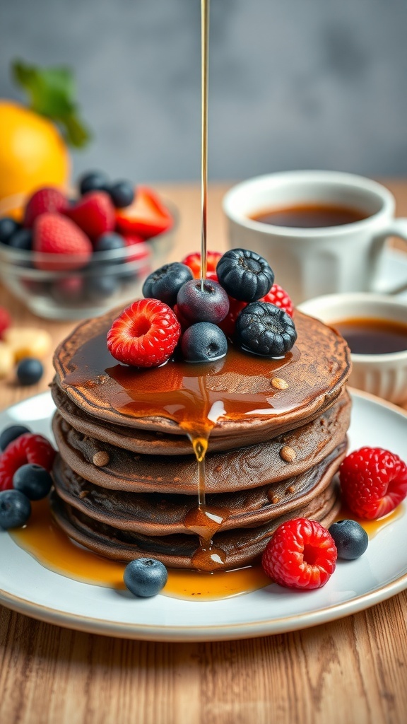 A stack of chocolate protein pancakes topped with fresh berries and syrup.