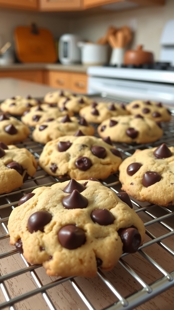 Freshly baked keto chocolate chip cookies cooling on a wire rack.