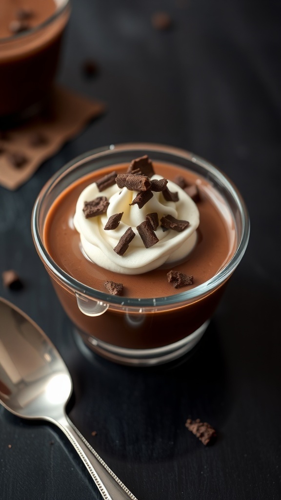 A bowl of smooth chocolate pudding topped with whipped cream and chocolate shavings.