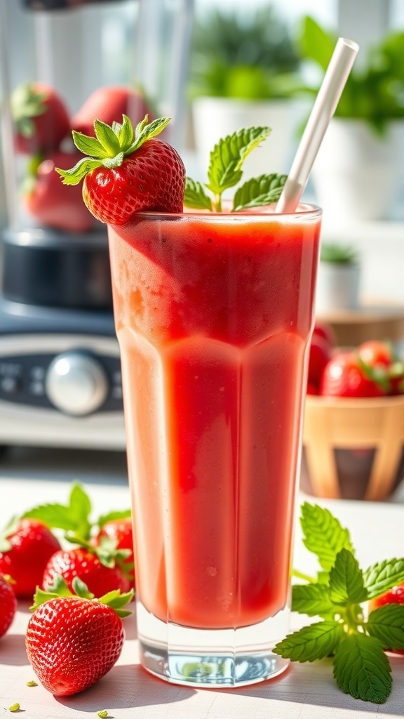 A refreshing low-carb strawberry smoothie in a tall glass, garnished with a fresh strawberry and mint leaves, surrounded by fresh strawberries.