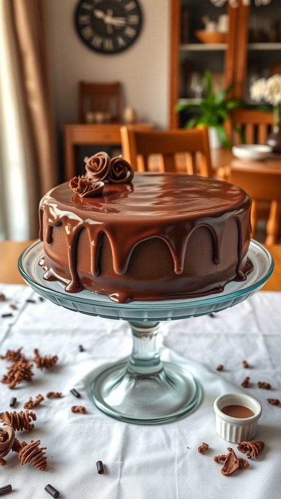 A no-bake chocolate biscuit cake on a glass stand, topped with chocolate curls, set in a cozy dining area.
