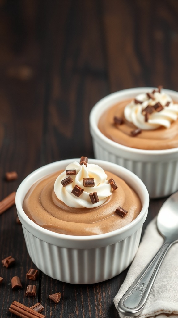 Two bowls of peanut butter chocolate pudding topped with whipped cream and chocolate shavings.