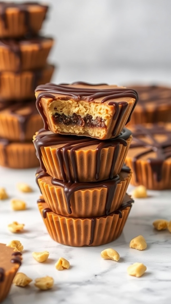 A stack of homemade peanut butter cups with one cut in half to show the filling.