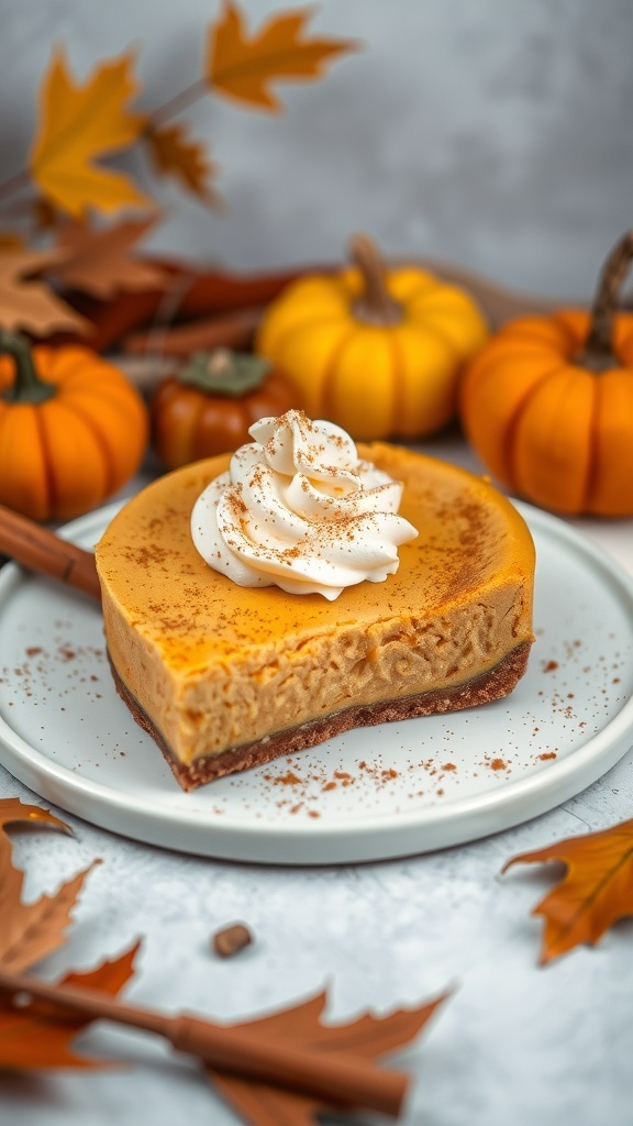 A slice of pumpkin spice cheesecake topped with whipped cream and cinnamon, surrounded by autumn leaves and pumpkins.