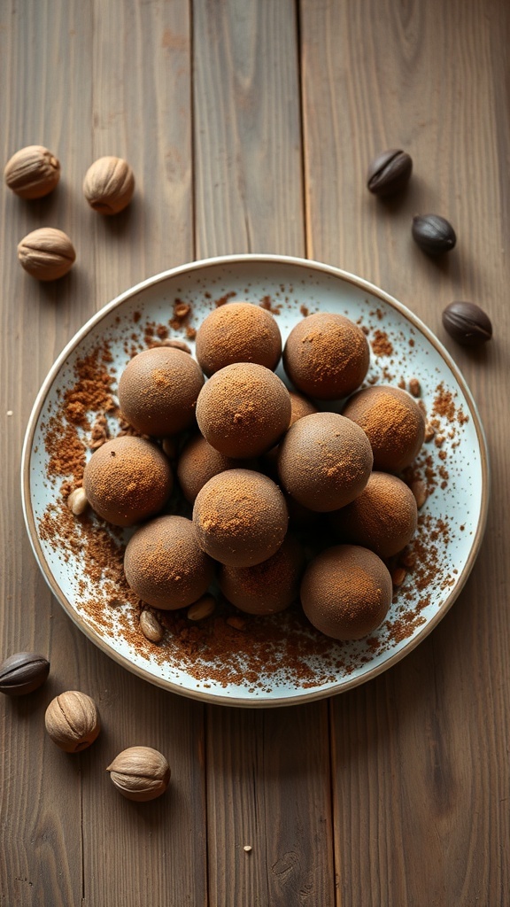 A plate of raw chocolate truffles dusted with cocoa powder, surrounded by whole nuts on a wooden table.