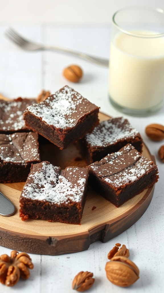 A plate of vegan chocolate fudge brownies dusted with powdered sugar, surrounded by walnuts and a glass of milk.