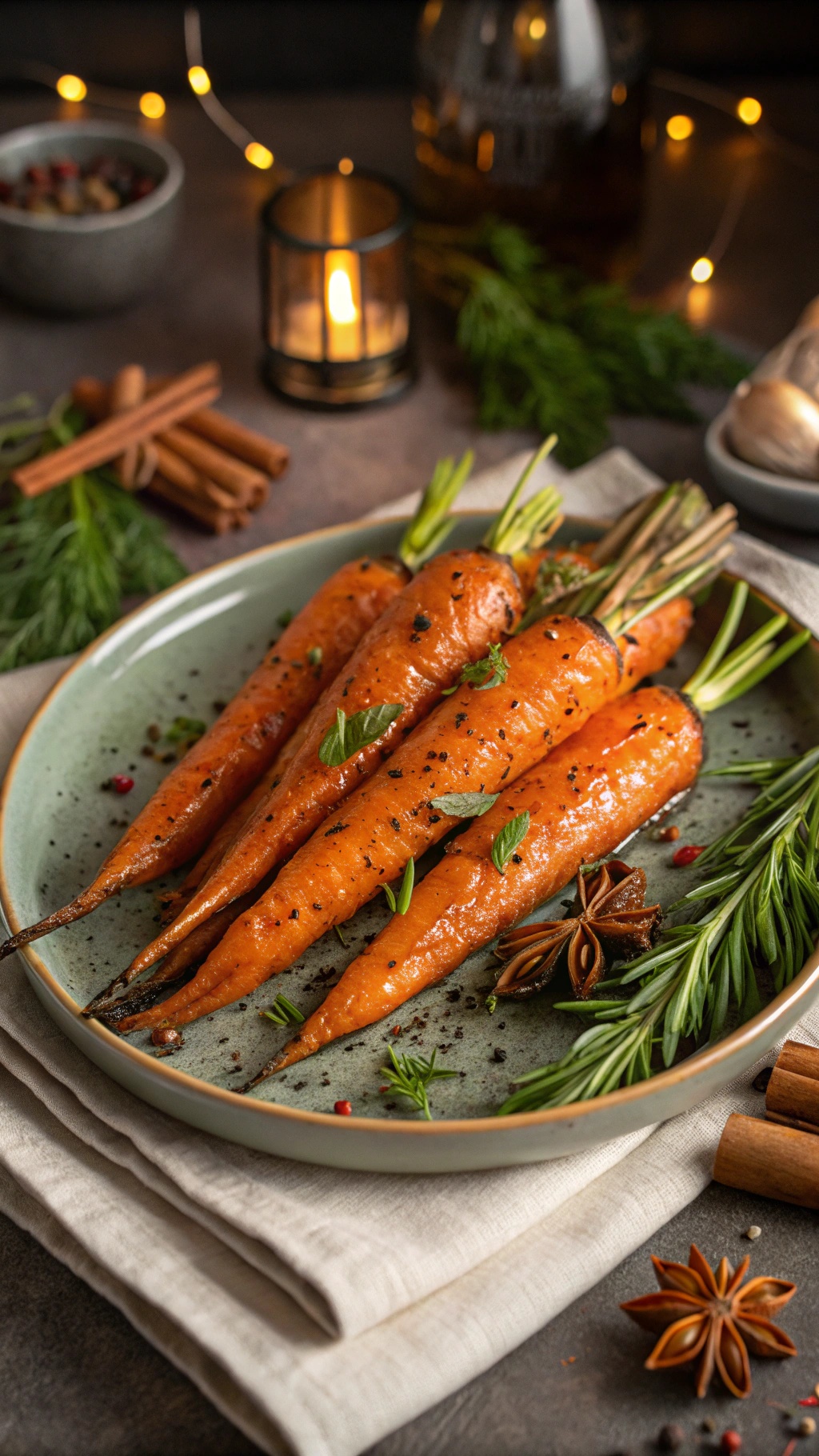 A plate of herb-infused roasted carrots garnished with fresh herbs.
