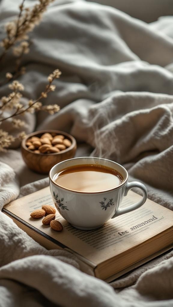 A cozy scene featuring a cup of herbal tea next to a bowl of almonds on a soft blanket.