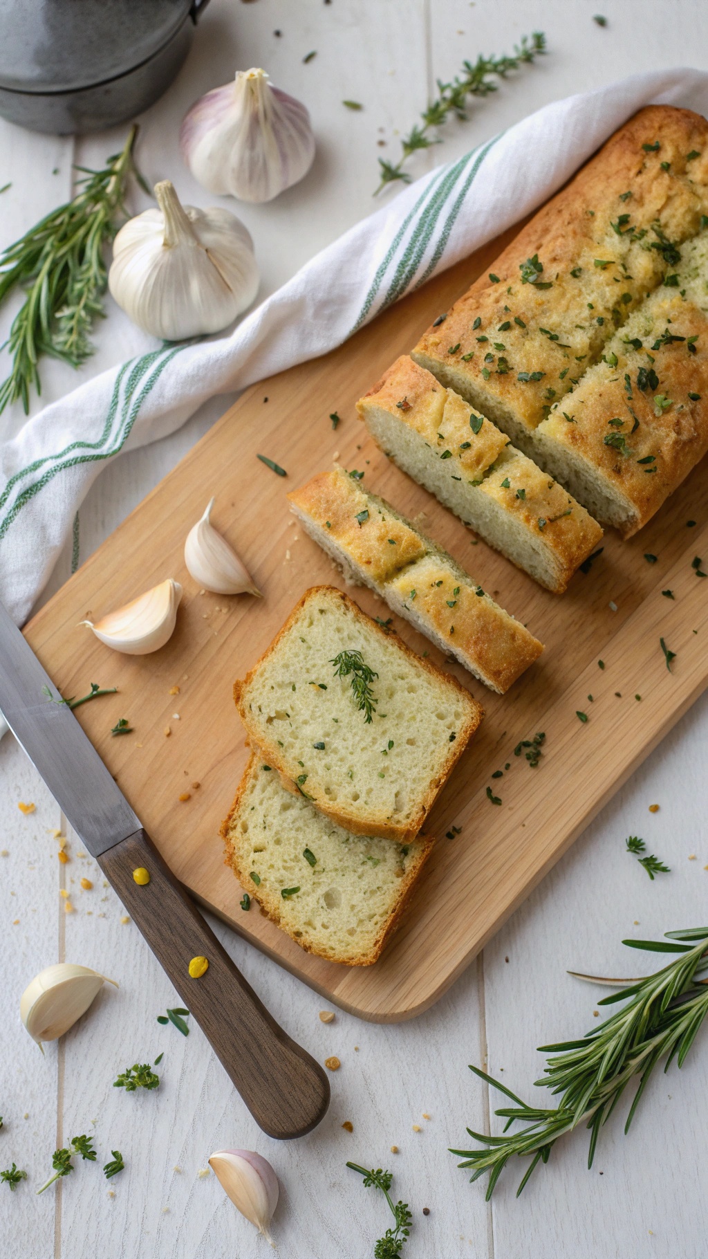 Slices of herbed almond flour garlic bread on a wooden cutting board with garlic cloves and herbs.