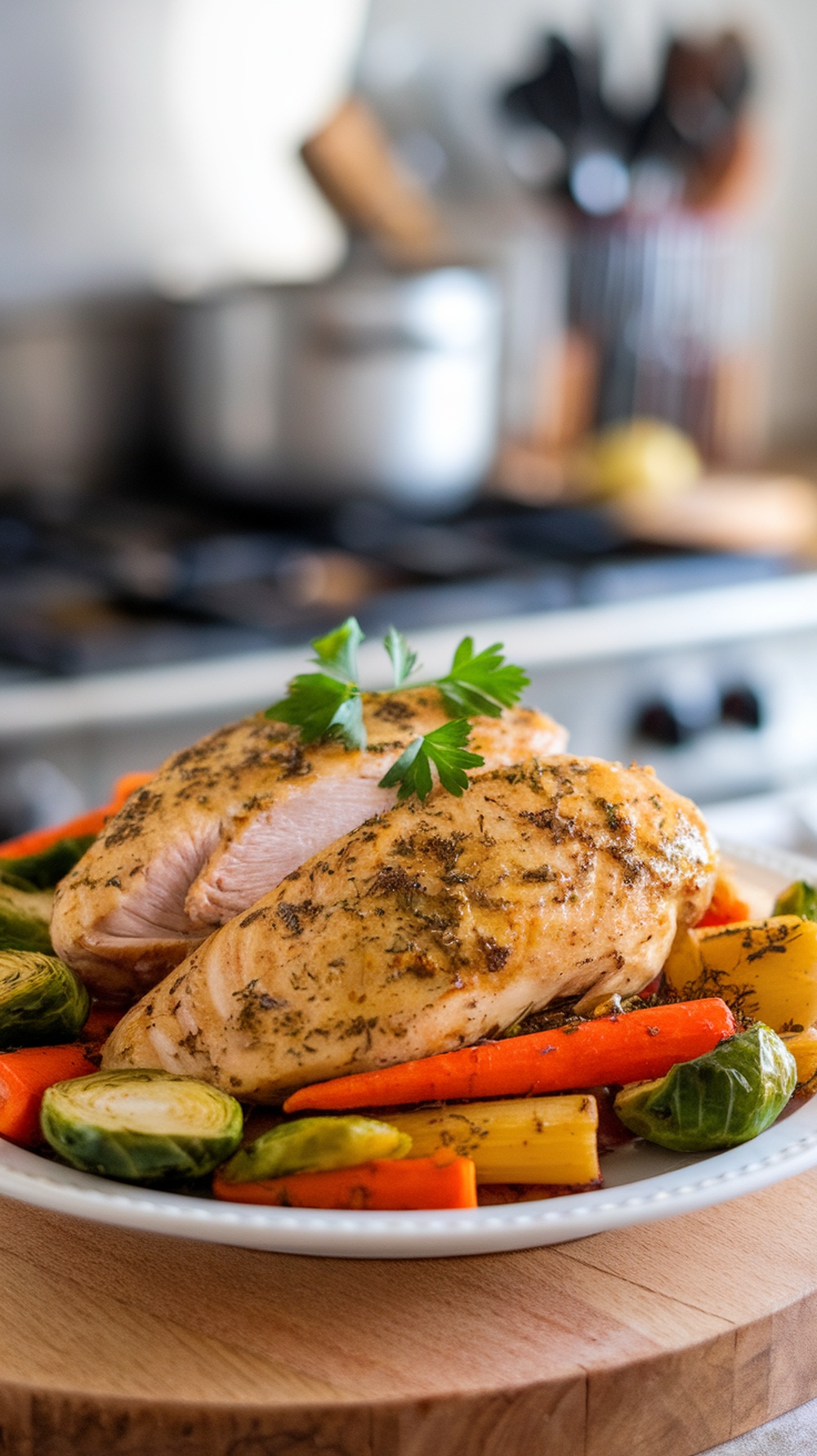 A plate of Herbed Dijon Chicken with colorful roasted vegetables.