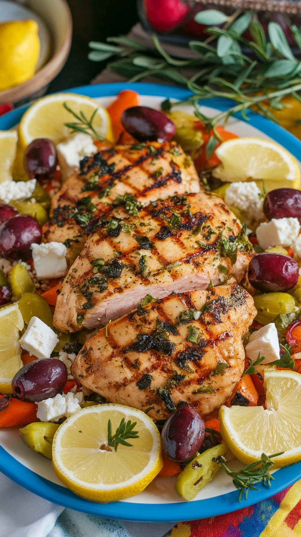 Grilled herbed Mediterranean chicken served with olives, feta cheese, and lemon slices.