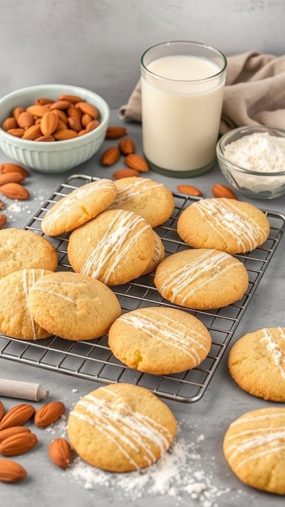 High-protein almond flour snickerdoodle cookies on a cooling rack with almonds and milk