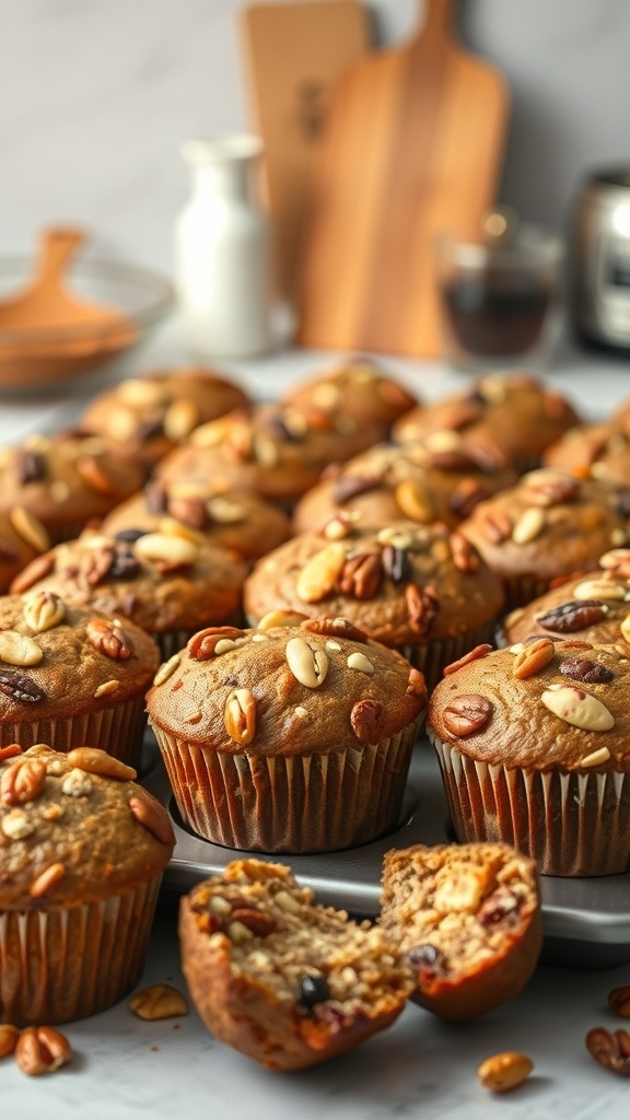 A tray of high-protein breakfast muffins topped with various nuts and seeds, with one muffin cut in half to show its moist interior.