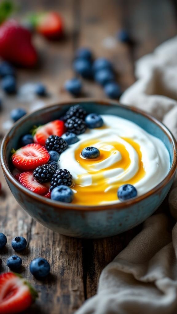 A bowl of Greek yogurt topped with berries and honey on a wooden table