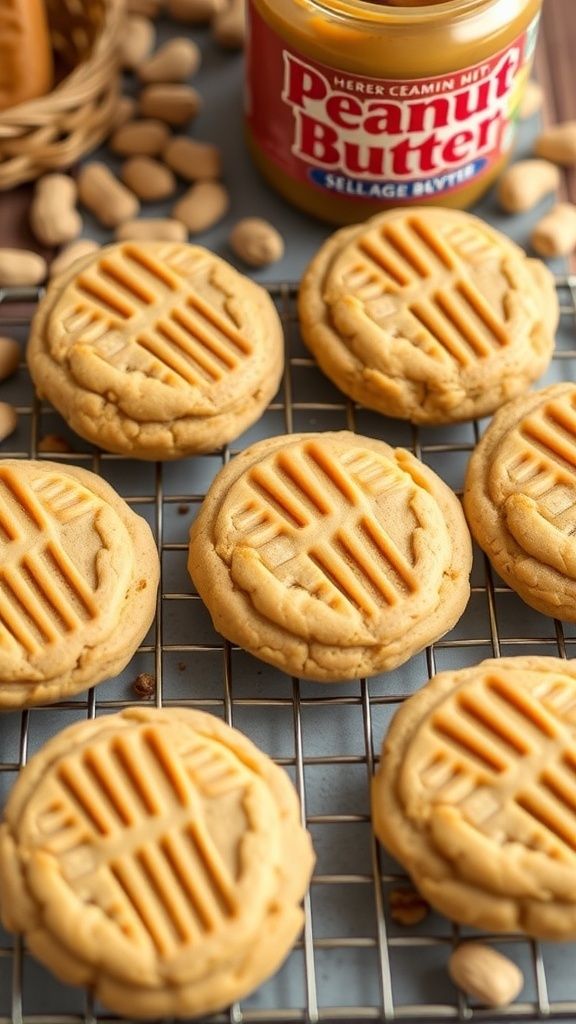Freshly baked high-protein peanut butter cookies cooling on a wire rack with jars of peanut butter in the background.